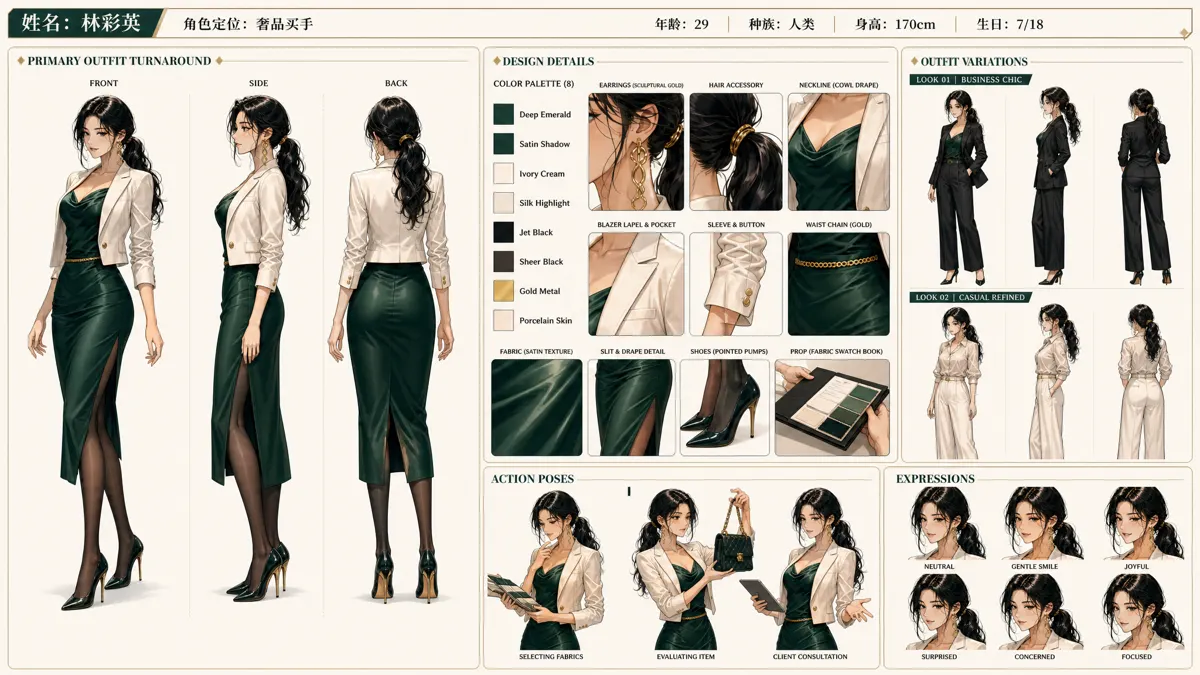 Lin Caiying — Character turnaround sheet