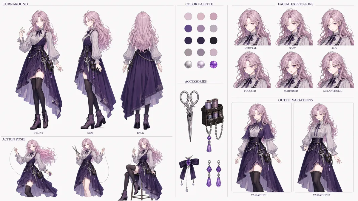 Mi Die — Character turnaround sheet