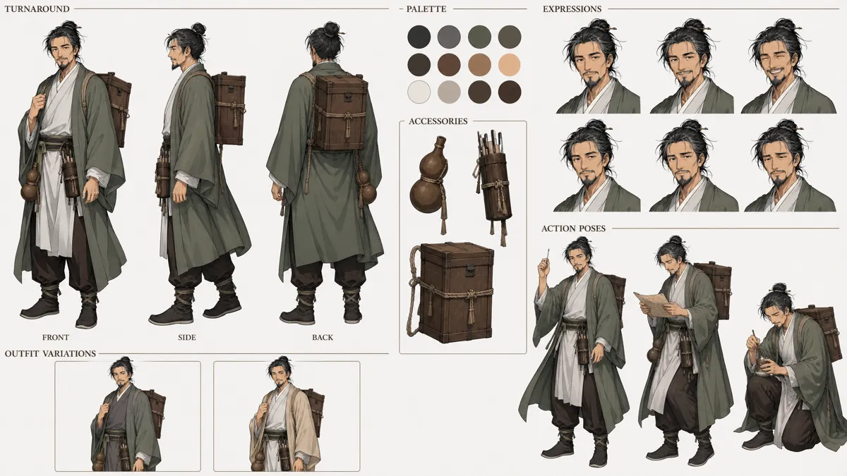 Qi Wen — Character turnaround sheet